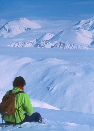 man in green jackt above glacier scenery