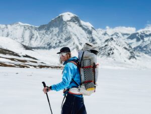 Skier Bartek Ziemski of Poland with Everest massif in background.
