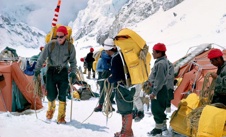 Jim Whittaker, left, and Nawang Gombu, leave Advanced Base Camp on Everest during their first summit attempt.