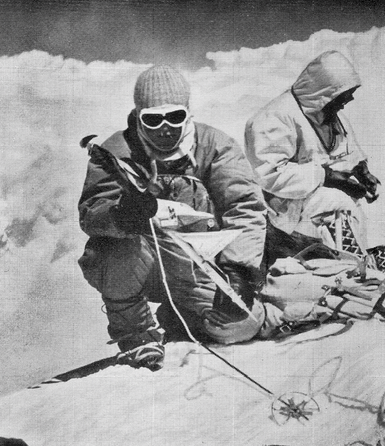 Kurt Diemberger (left) and Albin Schelbert on the summit of Dhaulagiri I, on May 13, 1960.
