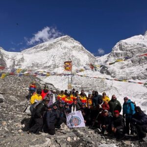a Sherpa team poses in front of the Khumiu Icafall