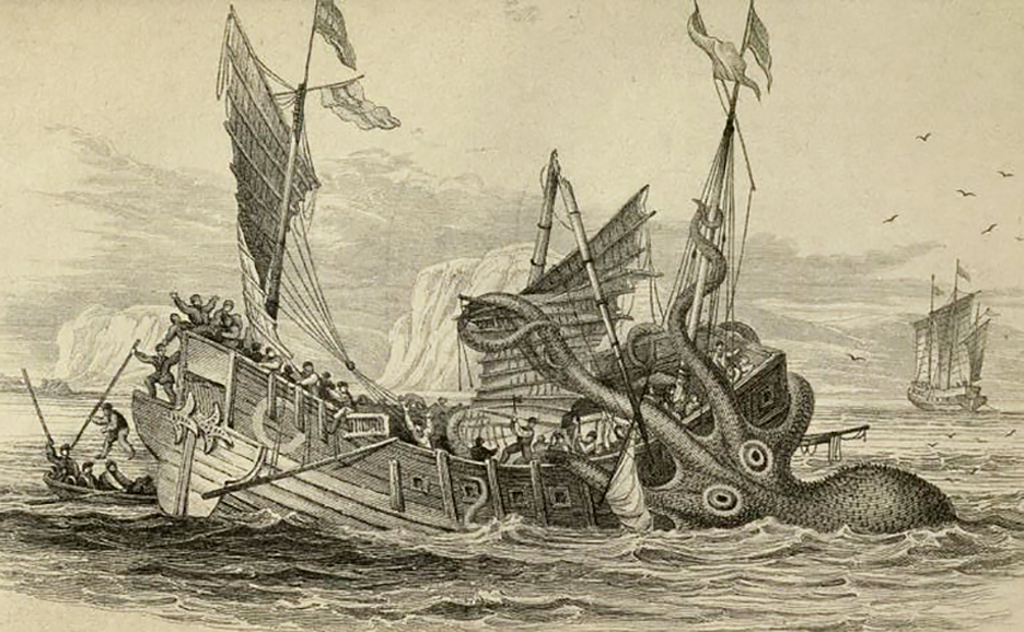 giant octopus attacks ship; old woodcut