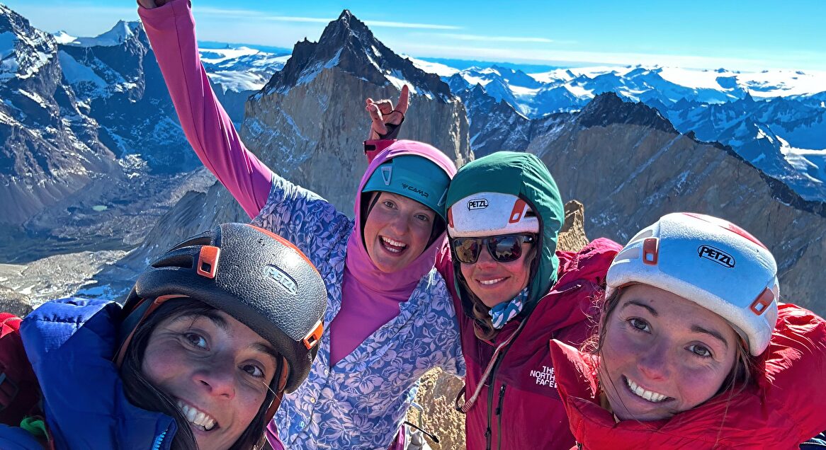 Belen Prados, Amelie Kühne, Caro North and Julia Cassou at the top of 'South African route' on the Central Tower of Paine.