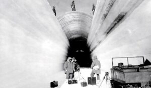 Black and white photo of Camp Century being constructed.