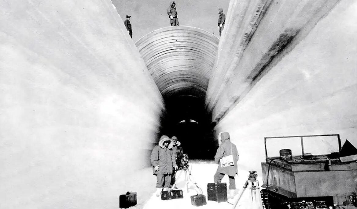 Black and white photo of Camp Century being constructed.