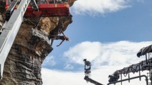 Charlize Theron on set, shooting the final free solo scene of 'Apex'.