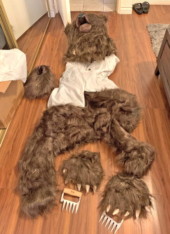 The bear suit used for the insurance scam.