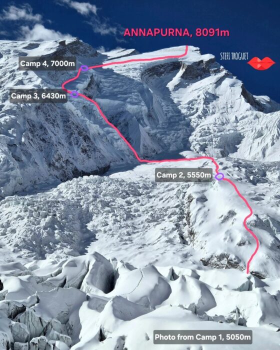 A photo of Annapurna's north side with the normal route parked in red.