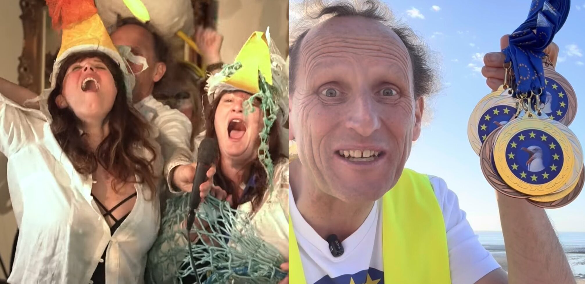 Left, a group of people dressed as seagulls. Right, a man holding up seagull medals.