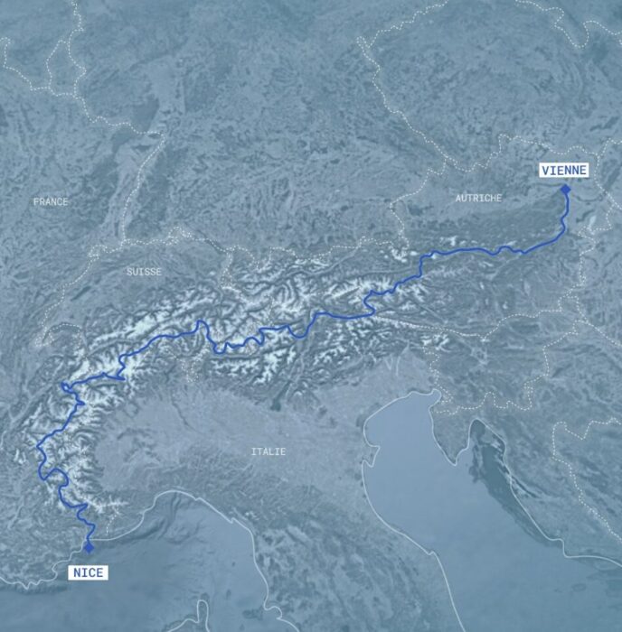 A line on a map links Vienna in Austria and Nice, on the French Mediterranean coast. 