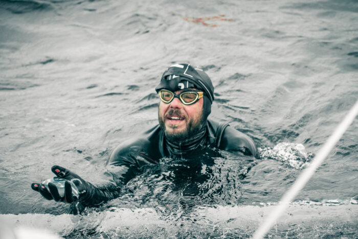 Swimmer Ross Edgley treading water during his record setting round Britain swim