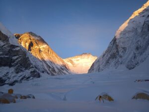 Everest and Lhotse as seen from Camp 2 in dimmed light.