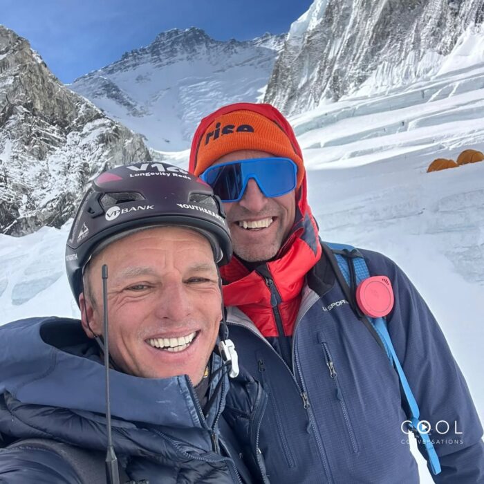 Selfie of Karl egloff with Nico Miranda, the Lhotse face in background.