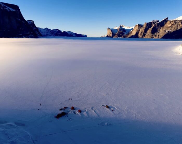 Tents in a frozen fiord on Baffin Islan