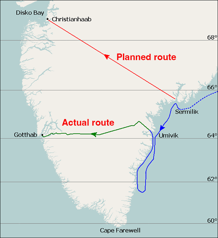 map of Nansen's Greenland crossing. 