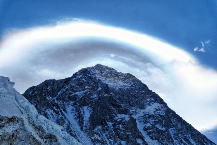 Clouds modeled b jet stream winds on the summit of Everest. 