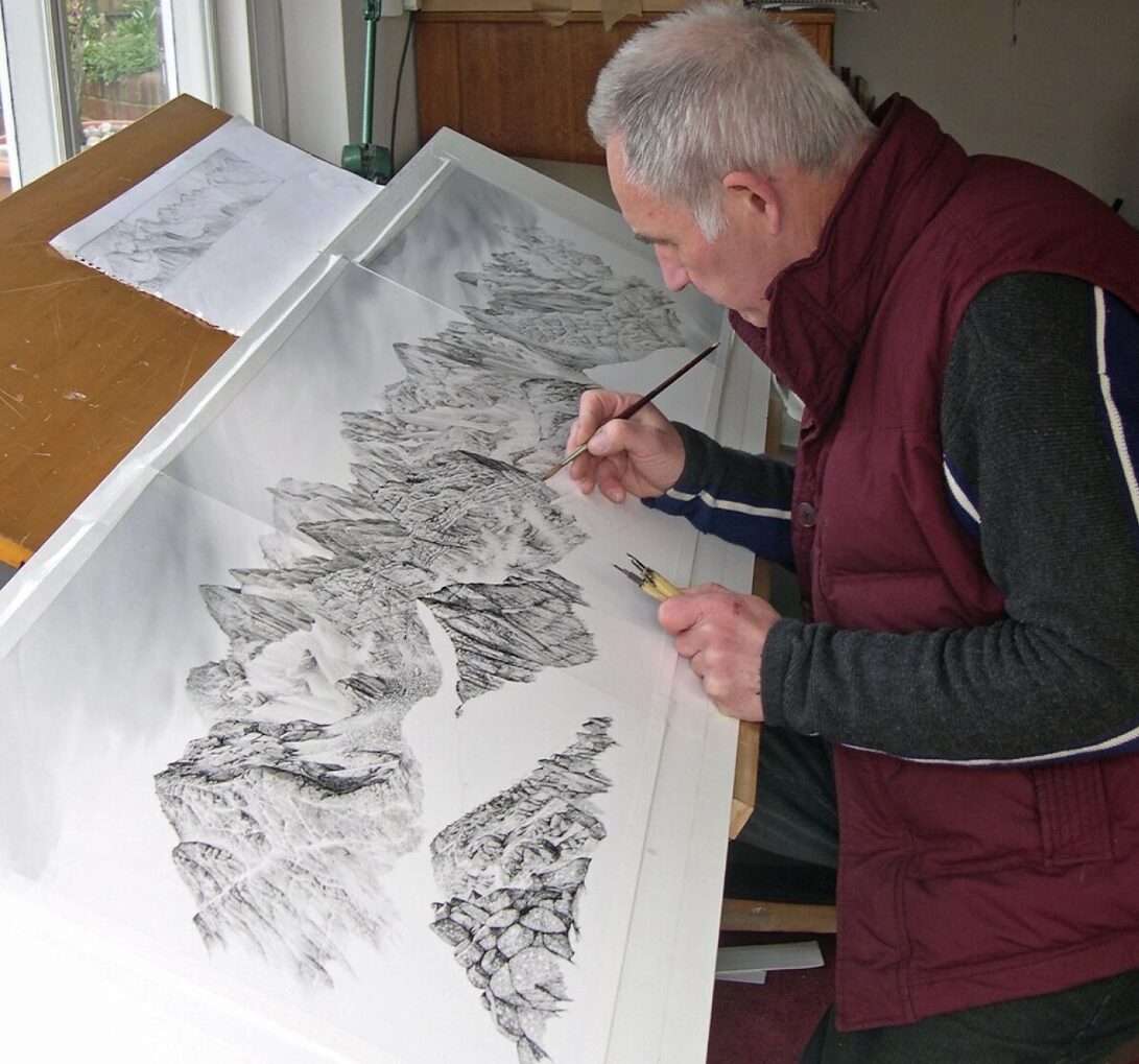 Phil Gibson working on a large Black Cuillin ink drawing in 2013.
