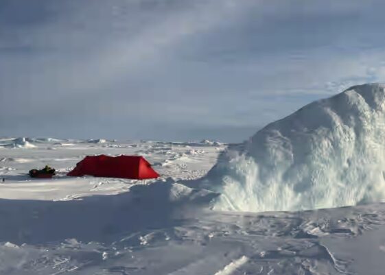 A tent pitched on sea ice at the entrance to Mercy Bay, Nunavut