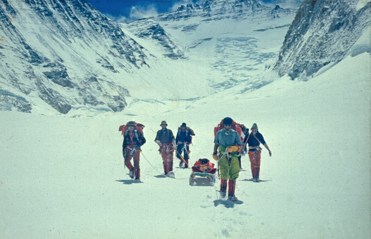 The rescue team pulling Brummie through the Western Cwm