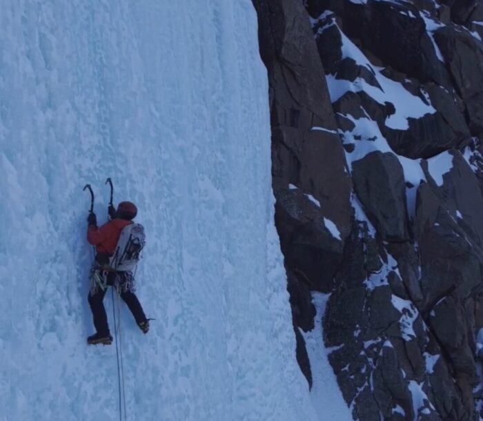 Ice climber on steep ice in Baffin Island