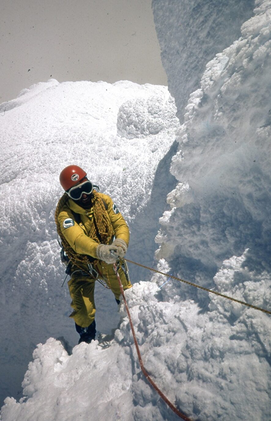 Mario Conti on the West Face of Cerro Torre in Patagonia, 1974.