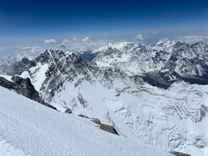 Lhotse Face with a thin line formed by hunders of climbers. 
