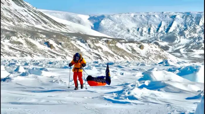 One of the team sledding in Cape Hay on April 21. Cape Hay marks the southwest extremity of Melville Island, overlooking the ice-choked waters of McClure Strait. From this vantage point, William Edward Parry first glimpsed Banks Island on August 8, 1820, before heavy ice forced his retreat. The distant land he observed would remain out of reach for three more decades, until Robert McClure approached it from the west in 1850. Photo: routesnouvelles.com/en/expedition-1853-2026
