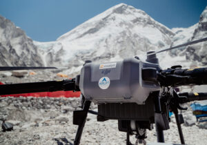 A drone with the West Shoulder of Everest in background.