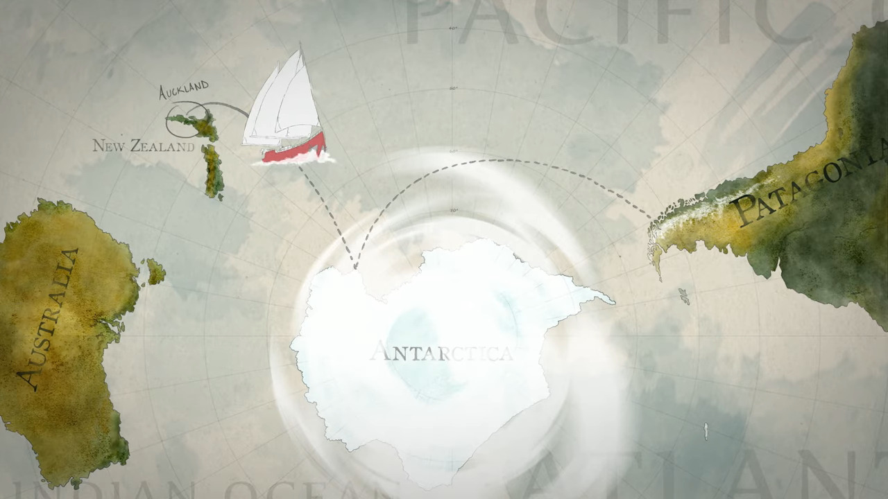 A map showing the route from New Zealand to Antarctica to Patagonia