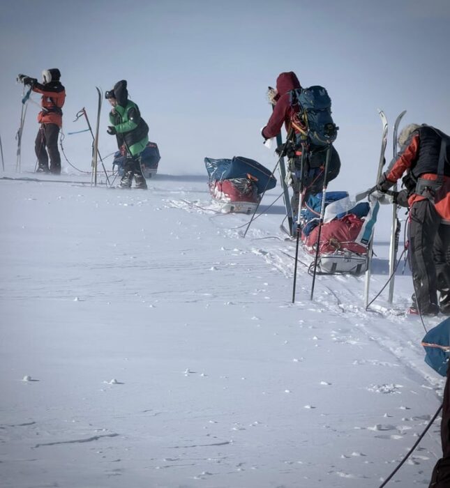 The all female "Girls Trip" team skiing through crevassed terrain in Svalbard, Norway