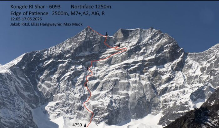 route topo on a photo of the north face Kongde Ri Sar. 