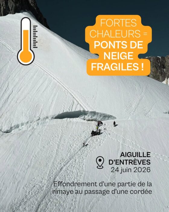 A crevasse on a snowy peak and warnings.