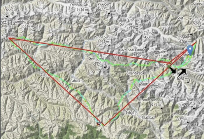 A XC paragliding flight trip on a map.