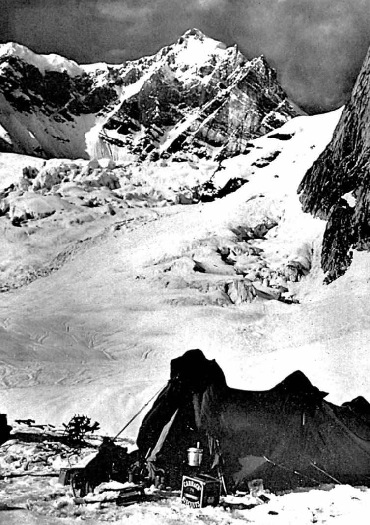 Camp 1 with the third icefall and Swrac Peak behind, in 1957. 