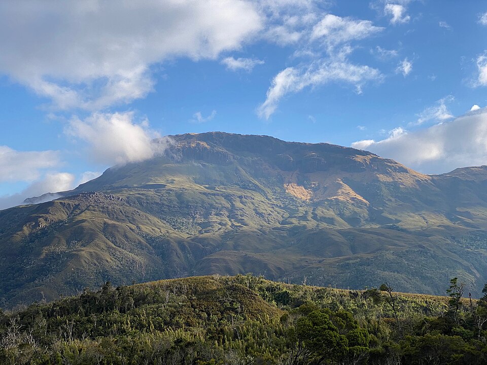 A low, rectangular mountain with jungle in foreground