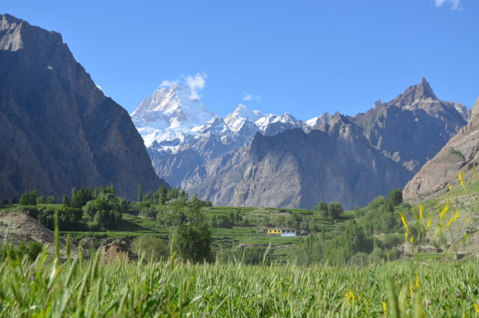 A green valley with a majestic mountain in background.
