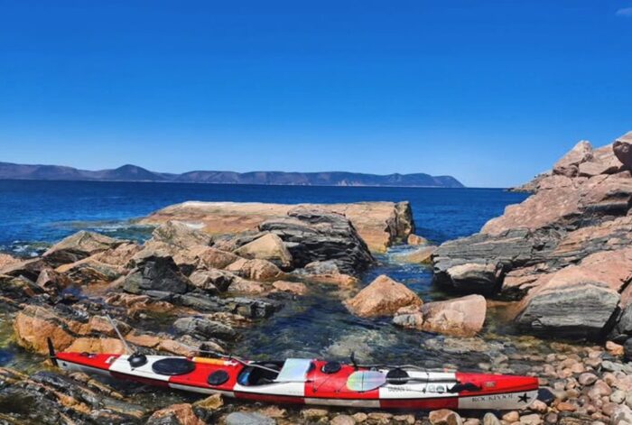 Canadian Kayaker Lukas Dee's kayak on the Nova Scotia coast