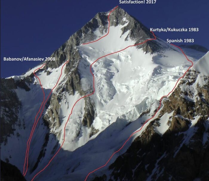 Four lines signaling routes, marked on a photo of the SW face of Gasherbrum I.