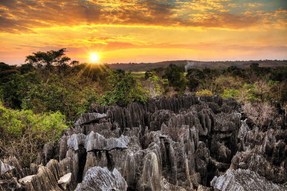 Karst limestone formations at sunset