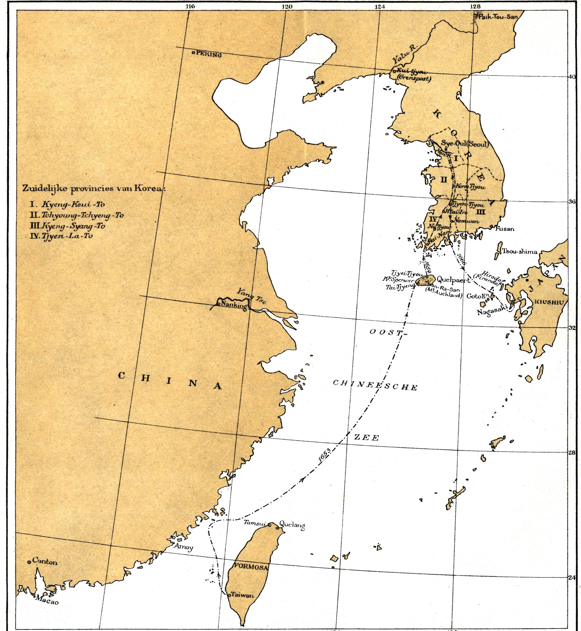 A map of East Asia showing Hamel's route from Taiwan, to Jeju, to mainland Korea, to Japan