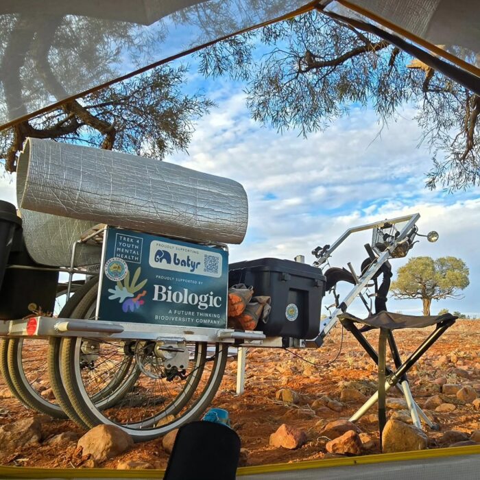 Australian adventurer Mark Gresser's cart pictured in camp in the Australian outback
