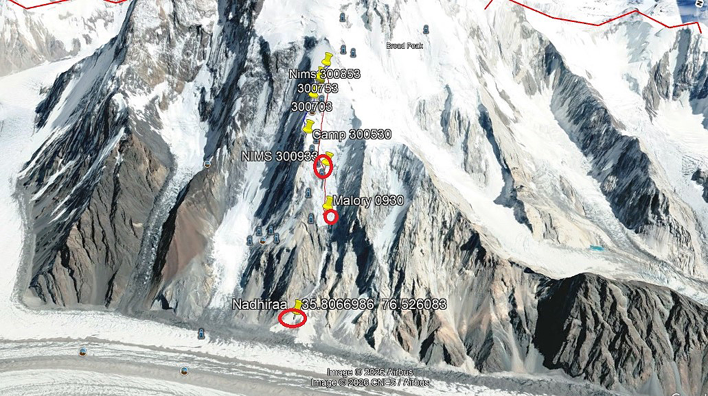 Names and coordinates signaled on a 3D image of Broad Peak.
