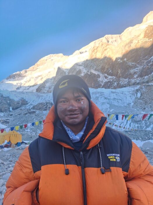 Close shot of a Nepalese climber at the base of Makalu.