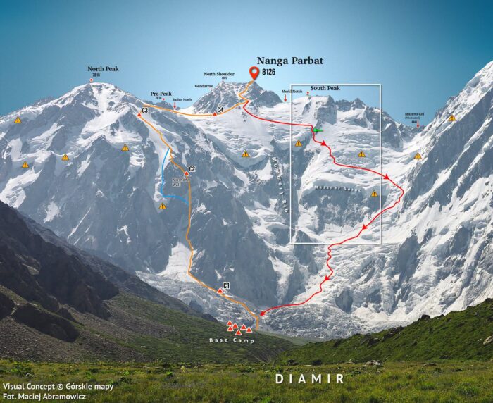 An image of the Diamir side of Nanga Parbat, with the Messner route marked in red.