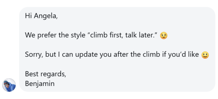 Reply to a question by ExplorersWeb's Angela Benavides.