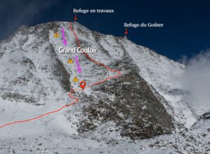 the normal route to Mont Blanc (in red) as it corsses the Grand Couloir du Gouter and heads to the new Refuge du Gouter.