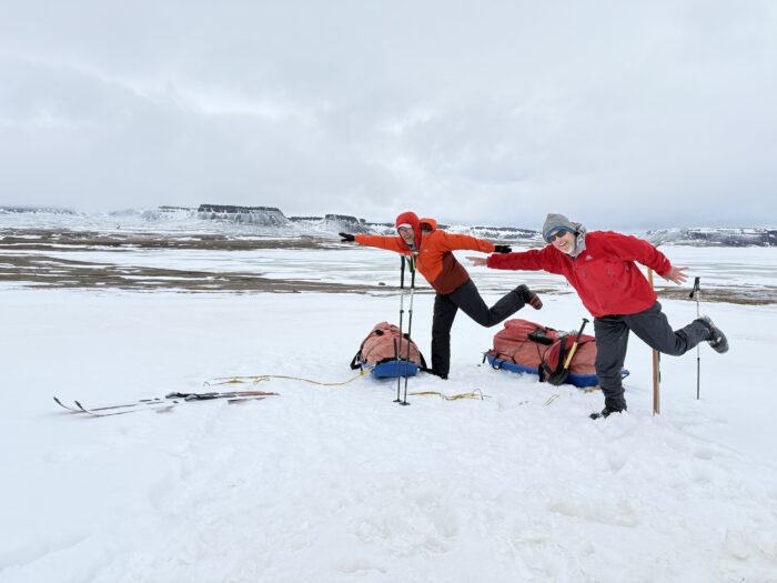 Canadian adventurers John Dunn and Paul van Peenen strike a pose on Victoria Island, Canadian Arctic
