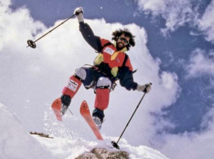 Old-timey skiers catches air