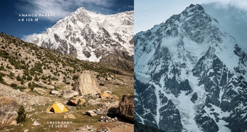 Left: The Czech Base Camp, with the Rupal Face in the background. Right: A closer shot of the Rupal Face. 
