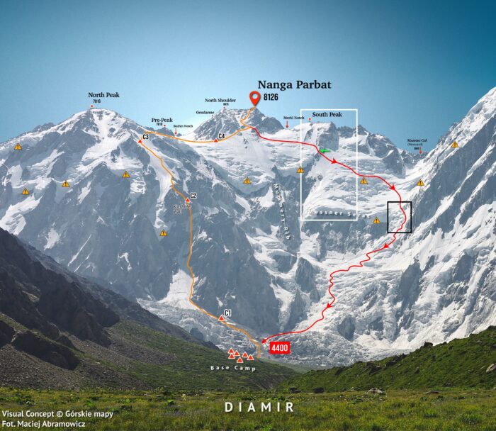 The Messner route on the Diamir side of Nanga Parbat, marked by Gorskie Mapy.